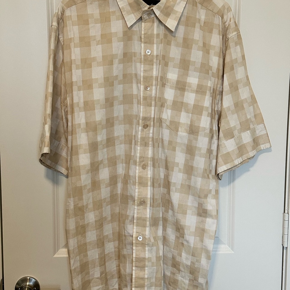 Sean John Mens XL Beige White Checkered Button Down Short Sleeve Shirt